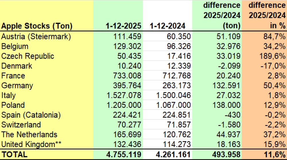 Almost 500,000 tonnes more apples in cold stores