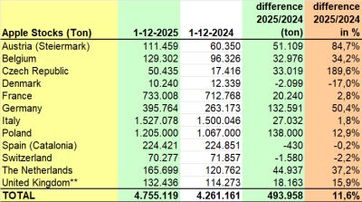 Almost 500,000 tonnes more apples in cold stores