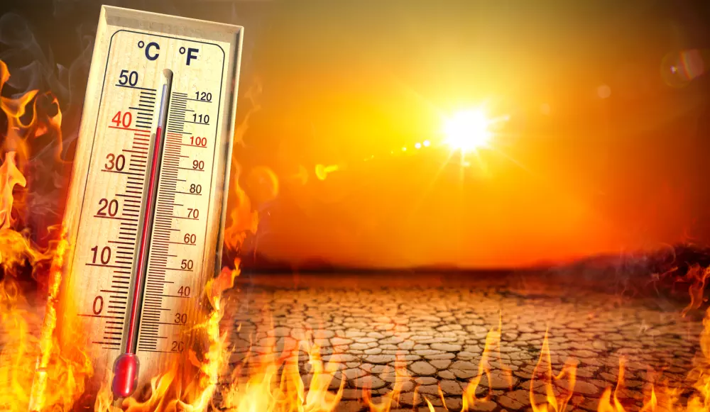 Heatwave With Warm Thermometer And Fire - Global Warming And Extreme Climate - Environment Disaster - contain 3d Rendering